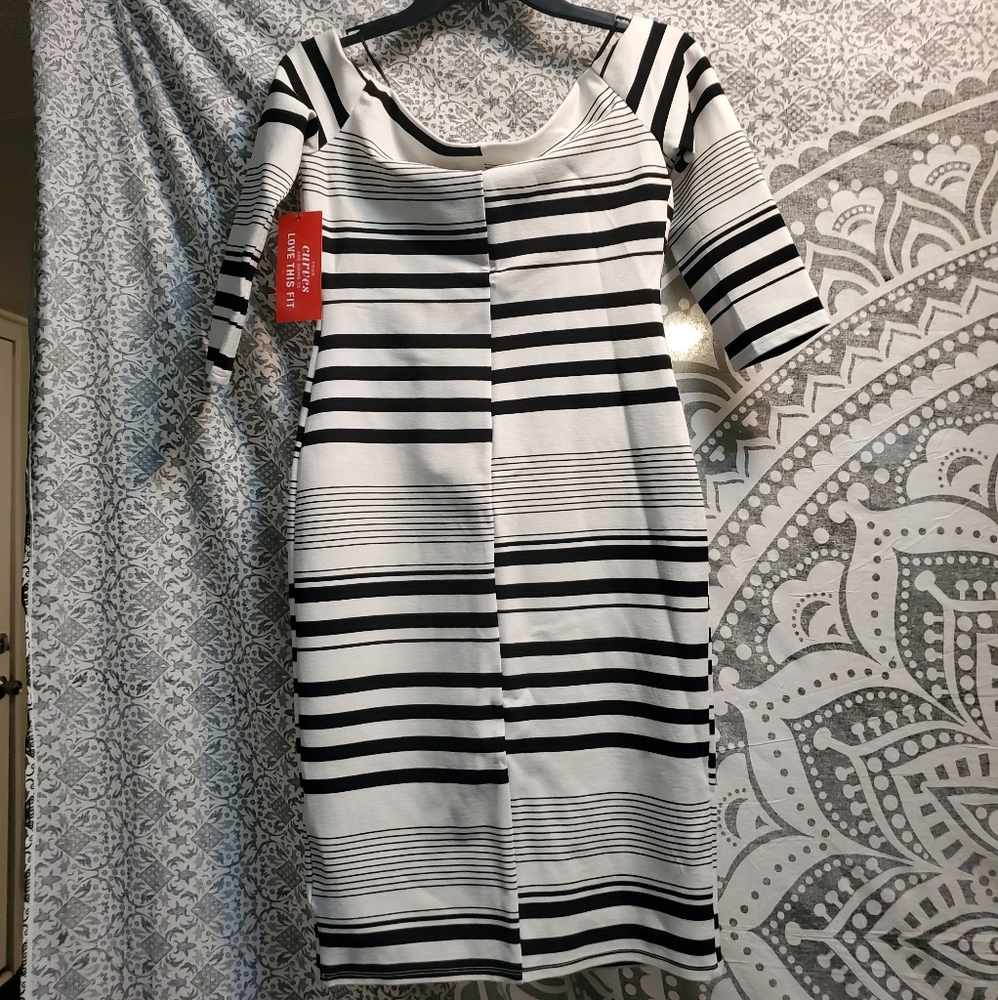 Off the shoulder, long sleeved striped dress